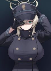 Rule 34 | 1girl, black background, black coat, black gloves, black hat, blonde hair, blue archive, breasts, brown halo, buttons, closed mouth, coat, double-breasted, eyepatch, gloves, gradient background, green eyes, halo, hat, highres, hogemi, huge breasts, light brown hair, long sleeves, looking at viewer, peaked cap, short hair, simple background, solo, suou (blue archive), upper body