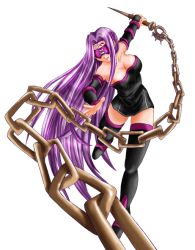 Rule 34 | 00s, 1girl, blindfold, breasts, bridal gauntlets, chain, cleavage, dress, fate/stay night, fate (series), medusa (fate), medusa (rider) (fate), purple hair, simple background, solo, strapless, strapless dress, takehime, thighhighs, weapon