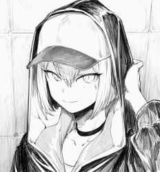 Rule 34 | 1girl, baseball cap, cei (sohin), choker, closed mouth, collarbone, greyscale, hair between eyes, hair ornament, hand on own head, hand up, hat, hood, hooded jacket, jacket, long sleeves, looking at viewer, monochrome, original, short hair, signature, slit pupils, smile, sohin, solo, spot color, teardrop facial mark, upper body