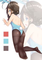 Rule 34 | 10s, 1girl, ass, back, backless leotard, blue eyes, blue leotard, braid, brown hair, commentary, feet, from behind, gurande (g-size), hair between eyes, hands up, highres, kantai collection, kneeling, knees together feet apart, leotard, looking at viewer, looking back, open mouth, pantyhose, playboy bunny, red ribbon, ribbon, shigure (kancolle), shigure kai ni (kancolle), simple background, single braid, soles, solo, square, thighband pantyhose, thighs, white background, wrist cuffs, zoom layer