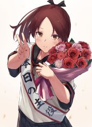 Rule 34 | 1girl, black ribbon, black skirt, blush, bouquet, brown eyes, brown hair, flower, hair ribbon, highres, holding, holding bouquet, i-coat, kantai collection, looking at viewer, pink flower, ponytail, red flower, ribbon, sailor collar, school uniform, serafuku, shikinami (kancolle), shikinami kai ni (kancolle), short sleeves, simple background, skirt, smile, solo, v
