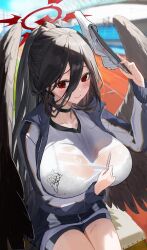 Rule 34 | 1girl, absurdres, arm under breasts, black choker, black hair, black wings, blue archive, blue jacket, blue shorts, blurry, blurry background, blush, bra visible through clothes, breasts, choker, closed mouth, collarbone, commentary request, feathered wings, gym, gym shirt, gym shorts, hair between eyes, halo, hasumi (blue archive), hasumi (track) (blue archive), highres, holding, holding notebook, holding pen, huge breasts, jacket, long bangs, long hair, looking at viewer, low wings, mole, mole under eye, multicolored clothes, multicolored jacket, notebook, official alternate costume, official alternate hairstyle, partially unzipped, pen, ponytail, qualia (quaquaqualia), red eyes, red halo, shirt, short shorts, shorts, solo, sweat, track jacket, wet, wet clothes, wet shirt, white shirt, wings