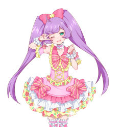 Rule 34 | 1girl, bow, bubble skirt, choker, dress, floral print, frilled dress, frilled skirt, frilled thighhighs, frills, green eyes, hair bow, highres, hizuki akira, idol, long hair, looking at viewer, manaka laala, one eye closed, open mouth, pretty series, pripara, purple hair, simple background, skirt, smile, solo, thighhighs, twintails, v, v over eye, white background, wrist cuffs, wristband
