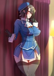 Rule 34 | 1girl, bad anatomy, baron (nsbaron), black gloves, black thighhighs, blue hat, blush, breasts, brown hair, curtains, garter straps, gloves, hand up, hat, impossible clothes, indoors, kantai collection, large breasts, red eyes, solo, standing, takao (kancolle), thighhighs