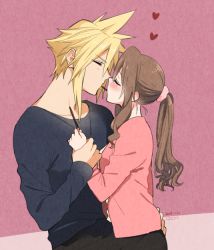 Rule 34 | 1boy, 1girl, aerith gainsborough, black pants, black skirt, blonde hair, blush, brown hair, casual, cloud strife, closed eyes, final fantasy, final fantasy vii, food, grey shirt, hand on another&#039;s hip, heart, holding another&#039;s wrist, krudears, pants, pink background, pink shirt, pocky, pocky kiss, ponytail, scrunchie, shared food, shirt, sidelocks, skirt, spiked hair, upper body