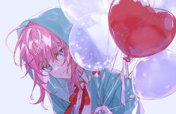 Rule 34 | 1boy, ahoge, amemura ramuda, balloon, blue eyes, commentary, crossed bangs, green jacket, grey background, head tilt, hitokoto, holding, holding balloon, hood, hood up, hooded jacket, hypnosis mic, jacket, looking at viewer, male focus, necktie, pink hair, red necktie, shirt, short hair, sidelocks, simple background, smile, solo, upper body, white shirt
