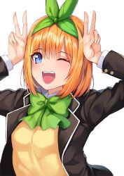 Rule 34 | 1girl, ;d, absurdres, arms up, bad id, bad pixiv id, black jacket, blue eyes, blush, bow, bowtie, breasts, brown sweater, double v, go-toubun no hanayome, green bow, green bowtie, green ribbon, hair ribbon, highres, jacket, long sleeves, looking at viewer, medium breasts, nakano yotsuba, nao (okt8538), one eye closed, open clothes, open jacket, open mouth, orange hair, ribbon, school uniform, short hair, simple background, smile, solo, sweater, teeth, upper body, upper teeth only, v, white background