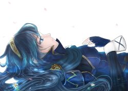 Rule 34 | 1girl, armor, belt, blue eyes, blue gloves, blue hair, blue tunic, breasts, brooch, cloak, daisy, diadem, falling petals, fire emblem, fire emblem awakening, flower, gloves, hand on own chest, hanezora (arihanezora), high collar, highres, jewelry, long sleeves, looking up, lucina (fire emblem), matching hair/eyes, nintendo, on water, partially submerged, petals, princess, shoulder armor, small breasts, smile, tiara, tunic, white background, wrist cuffs
