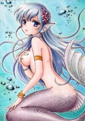 Rule 34 | 1girl, air bubble, armlet, bangle, bracelet, breasts, bubble, cof2toto, coral hair ornament, fins, from side, grey eyes, grey hair, head fins, jewelry, long hair, looking at viewer, medium breasts, mermaid, monster girl, original, solo, traditional media, underwater
