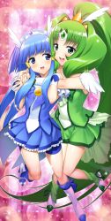 Rule 34 | 10s, 2girls, aoki reika, bike shorts, blue dress, blue eyes, blue hair, blue skirt, boots, brooch, cure beauty, cure march, dress, full body, green dress, green eyes, green hair, green skirt, hair tubes, head wings, hug, hug from behind, jewelry, knee boots, long hair, magical girl, midorikawa nao, multiple girls, pink background, precure, shoes, shorts, shorts under skirt, sidelocks, skirt, smile, smile precure!, suzume inui, tiara, tri tails, very long hair, wings