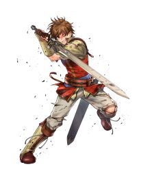 Rule 34 | 1boy, brown eyes, brown gloves, brown hair, clenched teeth, damaged, edward (fire emblem), fingerless gloves, fire emblem, fire emblem: radiant dawn, fire emblem heroes, gloves, highres, nintendo, non-web source, official art, one eye closed, scabbard, sheath, solo, sword, sword guard stance, teeth, weapon