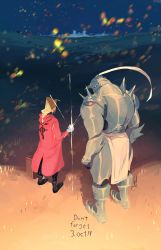 Rule 34 | 2boys, absurdres, alphonse elric, armor, blonde hair, brothers, coat, commentary, dated, edward elric, english commentary, flamel symbol, full armor, fullmetal alchemist, highres, male focus, marmastry, multiple boys, ponytail, red coat, siblings