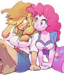 Rule 34 | 2girls, :3, applejack, bad id, bad twitter id, blonde hair, blue eyes, boots, breasts, bursting breasts, cleavage, colored skin, cowboy boots, cowboy hat, curly hair, green eyes, hat, large breasts, multiple girls, my little pony, my little pony: equestria girls, my little pony: friendship is magic, personification, pink hair, pink skin, pinkie pie, sanjiro (tenshin anman), side ponytail, simple background, sitting, sleeves rolled up, smile, tight clothes, white background