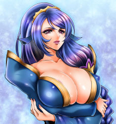 Rule 34 | 1041 (toshikazu), 1girl, areola slip, battle spirits, battle spirits: brave, blue hair, braid, breasts, bursting breasts, cleavage, covered erect nipples, crossed arms, crown, detached sleeves, eyelashes, eyeshadow, fingernails, gilfam joou, gradient hair, huge breasts, lips, lipstick, long fingernails, long hair, looking at viewer, makeup, mature female, mole, multicolored hair, no bra, open mouth, pink eyes, ponytail, puffy nipples, purple eyes, purple hair, queen gilfam, shiny clothes, shiny skin, single braid, solo, swept bangs, upper body, very long hair