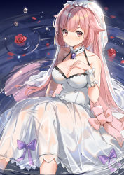 Rule 34 | 1girl, bare shoulders, blush, bow, breasts, bridal veil, cleavage, closed mouth, collarbone, dress, feet out of frame, flower, flower on liquid, girls&#039; frontline, hair flaps, hand on own chest, hand up, knees up, long hair, medium breasts, nose blush, ntw-20 (girls&#039; frontline), petals, petals on liquid, pink hair, purple bow, red eyes, red flower, red rose, rero (bigdoorbig2), rose, see-through, shallow water, sitting, sleeveless, sleeveless dress, solo, veil, very long hair, water, wedding dress, wet, wet clothes, wet dress, white dress