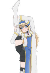 Rule 34 | 1girl, absurdres, black shorts, blonde hair, blue eyes, blush, boots, dress, female focus, hat, highres, leg hold, long hair, long sleeves, looking at viewer, non-web source, nzanu, priestess (goblin slayer!), shorts, simple background, smile, solo, split, standing, thigh boots, white background, white footwear, white hat