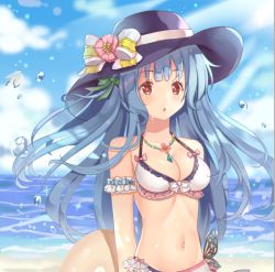 Rule 34 | 1girl, beach, bikini, binan xian lu, bird, black hat, blue hair, bow, breasts, cleavage, day, flower, frills, hat, hat bow, hat flower, hat ribbon, hinanawi tenshi, jewelry, large breasts, long hair, looking at viewer, navel, necklace, red eyes, ribbon, seagull, solo, swimsuit, touhou, white bikini, white bow, white ribbon
