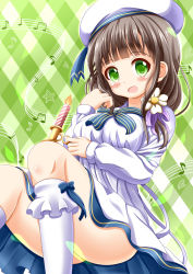 Rule 34 | 1girl, alternate costume, argyle, argyle background, argyle clothes, ass, beret, blunt bangs, breasts, brown hair, candle, commentary request, dress, flower, gochuumon wa usagi desu ka?, green background, green eyes, hair flower, hair ornament, hat, highres, holding, kneehighs, large breasts, long hair, long sleeves, looking at viewer, musical note, no panties, socks, solo, ujimatsu chiya, upskirt, white dress, white flower, white hat, white socks, xenon (for achieve)
