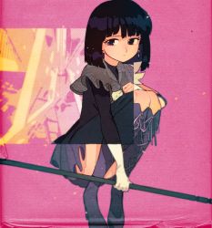 Rule 34 | 1girl, bishoujo senshi sailor moon, black hair, black shirt, black thighhighs, bob cut, boots, capelet, commentary, cross-laced footwear, cut-away, earrings, expressionless, gloves, holding, idkuroi, jewelry, lace-up boots, magical girl, naginata, pink background, polearm, purple footwear, purple skirt, revealing layer, sailor senshi, shirt, short hair, skirt, solo, squatting, thigh boots, thighhighs, tomoe hotaru, weapon, white gloves