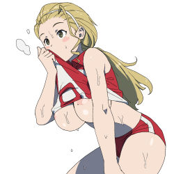 Rule 34 | 1girl, areola slip, blonde hair, breasts, clothes lift, commentary, covered erect nipples, cowboy shot, girls und panzer, hairband, hand on own knee, highres, large breasts, leaning forward, long hair, onsen tamago (hs egg), ponytail, red shirt, red shorts, sasaki akebi, shirt, shirt lift, short shorts, shorts, simple background, sleeveless, sleeveless shirt, solo, sportswear, sweat, nervous sweating, two-tone shirt, volleyball uniform, white background, white hairband, white shirt, wiping face, yellow eyes