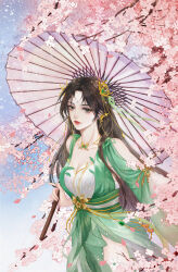 Rule 34 | 1girl, absurdres, artist request, baiguio (zhu xian), beads, blue sky, breasts, cherry blossoms, closed mouth, clothing cutout, dress, earrings, facial mark, forehead mark, green dress, green eyes, hair beads, hair ornament, hair ribbon, highres, holding, holding umbrella, jewelry, long sleeves, medium breasts, necklace, ribbon, sash, second-party source, shoulder cutout, sky, solo, umbrella, upper body, zhu xian