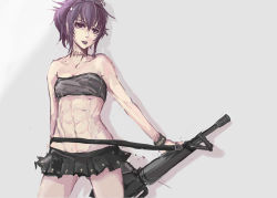 Rule 34 | 1girl, abs, alternate costume, assault rifle, bandeau, bare shoulders, black hair, black lagoon, bracelet, breasts, casual, earrings, female focus, frederica sawyer, gun, gun sling, half updo, jewelry, m16, m16a1, m4 carbine, microskirt, navel, no panties, panties (pantsu-pirate), pleated skirt, rifle, scar, short hair, skirt, small breasts, solo, stitches, strapless, tube top, weapon