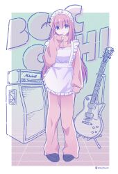 Rule 34 | 1girl, apron, blue eyes, bocchi the rock!, character name, closed mouth, cube hair ornament, emoliquor, frilled apron, frills, full body, gotoh hitori, guitar, hair between eyes, hair ornament, highres, instrument, jacket, jersey maid, loafers, long hair, long sleeves, looking at viewer, maid, maid headdress, one side up, pants, pink hair, pink jacket, pink pants, shoes, solo, standing, track jacket, track pants, twitter username, unconventional maid, white apron