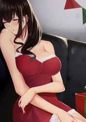 Rule 34 | 1girl, bare shoulders, black hair, blush, box, breasts, christmas, cleavage, collarbone, commentary request, dress, closed eyes, fur-trimmed dress, fur trim, fuurin restia, gift, gift box, hair between eyes, idolmaster, idolmaster cinderella girls, large breasts, long hair, red dress, sagisawa fumika, sleeping, solo, strapless, strapless dress, upper body