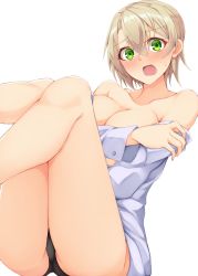 Rule 34 | 1girl, absurdres, bare shoulders, black panties, blonde hair, blue shirt, blush, breasts, cleavage, clothes pull, commentary, covering privates, covering breasts, dress shirt, frown, green eyes, highres, kuzukiri (riezenagel), legs up, long sleeves, looking at viewer, neige (kuzukiri), no bra, no pants, open mouth, original, panties, shirt, shirt pull, short hair, simple background, solo, sweatdrop, underwear, white background