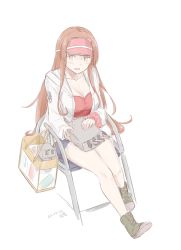 Rule 34 | 1girl, adapted turret, bag, bikini, bikini under clothes, blunt bangs, brown hair, cannon, chair, folding chair, green eyes, grey footwear, grey shorts, helena (kancolle), hikashima (shiofune), hood, hooded jacket, hoodie, jacket, kantai collection, long hair, official alternate costume, open clothes, open jacket, red bikini, shoes, shorts, simple background, sitting, sneakers, solo, swimsuit, swimsuit under clothes, turret, visor cap, white background, white jacket