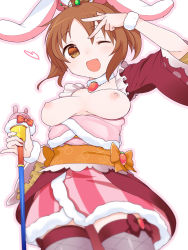 Rule 34 | 10s, 1girl, abe nana, animal ears, arm up, bad id, bad pixiv id, blush, bow, breasts, brown eyes, brown hair, rabbit ears, center opening, crown, dress, fishnets, hair bow, hair ribbon, highres, idolmaster, idolmaster cinderella girls, microphone, nekoume, nipples, one eye closed, open mouth, ponytail, ribbon, short hair, smile, solo, thighhighs, v, wand, wink