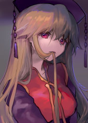 Rule 34 | 1girl, ainy, bad id, bad pixiv id, black dress, blonde hair, chinese clothes, dress, hair between eyes, hair in own mouth, hat, junko (touhou), long hair, long sleeves, looking at viewer, mouth hold, red eyes, solo, tabard, touhou, upper body, very long hair, wide sleeves