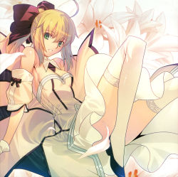 Rule 34 | 00s, 1girl, absurdres, ahoge, artoria pendragon (all), artoria pendragon (fate), bare shoulders, blonde hair, bow, breasts, capcom, cleavage, detached sleeves, fate/stay night, fate/unlimited codes, fate (series), flower, gloves, green eyes, hair bow, hair ribbon, highres, lily (flower), looking at viewer, non-web source, parted lips, petals, ponytail, ribbon, saber (fate), saber lily, solo, takeuchi takashi, thighhighs, thighs, white thighhighs, wing collar