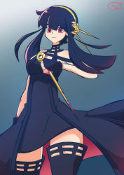 Rule 34 | 1girl, 3rf, absurdres, black dress, black hair, blood, bloody weapon, closed mouth, dagger, dress, earrings, female focus, fingerless gloves, flower, gloves, gold earrings, gold headband, gradient background, hair flower, hair ornament, hairband, highres, holding, holding dagger, holding knife, holding weapon, jewelry, knife, looking at viewer, red eyes, rose, sidelocks, simple background, solo, spy x family, thighhighs, two-sided dress, two-sided fabric, weapon, yor briar