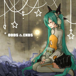 Rule 34 | 1girl, closed eyes, fingerless gloves, gloves, green hair, hatsune miku, headphones, kirisawa saki, long hair, music, odds &amp; ends (vocaloid), open mouth, project diva (series), project diva f, robot, singing, sitting, skirt, solo, thighhighs, twintails, very long hair, vocaloid