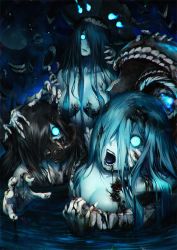 Rule 34 | 10s, 3girls, abyssal ship, black hair, blood, blood on hands, blue eyes, breasts, cleavage, collarbone, creepy, dripping, fangs, gas mask, glowing, glowing eyes, gradient background, hair censor, hair over one eye, horror (theme), ka-class submarine, kantai collection, kodama (wa-ka-me), large breasts, long hair, looking at viewer, mask, monster girl, multiple girls, nude, oil, open mouth, reaching, reaching towards viewer, silver hair, so-class submarine, very long hair, water, yo-class submarine