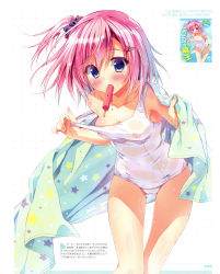 Rule 34 | 1girl, absurdres, blue eyes, blush, breasts, cameltoe, cleavage, collarbone, covered navel, hair between eyes, hair ornament, hair scrunchie, highres, leaning forward, looking at viewer, medium breasts, mouth hold, one-piece swimsuit, one side up, original, pink hair, ryouka (suzuya), school swimsuit, scrunchie, see-through, shiny skin, short hair, solo, standing, swimsuit, wet, white background, white one-piece swimsuit, white school swimsuit