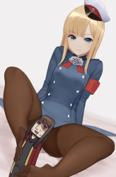 Rule 34 | 1boy, 1girl, armband, bad id, bad pixiv id, bed sheet, black pantyhose, blonde hair, blue eyes, buttons, censored, double-breasted, fate/grand order, fate (series), feet, footjob, hat, hetero, high collar, highres, light smile, long hair, long sleeves, looking at viewer, lord el-melloi ii, lord el-melloi ii case files, new970, no shoes, pantyhose, reines el-melloi archisorte, riyo (lyomsnpmp) (style), see-through, sexually suggestive, simple background, sitting, toenails, toes, waver velvet