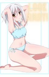 Rule 34 | 1girl, armpits, arms up, bare arms, bare legs, bare shoulders, barefoot, blue background, blue bra, blue panties, blush, bra, breasts, brown eyes, closed mouth, commentary request, english text, female focus, hair between eyes, hands in hair, high school dxd, highres, lizta, looking at viewer, navel, panties, side-tie panties, silver hair, small breasts, solo, toujou koneko, two-tone background, underwear, underwear only, white background