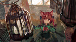Rule 34 | 1girl, :3, animal ears, bird, bow, braid, cage, cat ears, dress, from above, green dress, hair bow, indoors, kaenbyou rin, onion (onion and pi-natto), red eyes, red hair, solo, touhou, twin braids