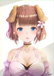 Rule 34 | 1girl, animal ears, artist name, bad id, bad pixiv id, bare shoulders, blue eyes, blush, breasts, brown hair, choker, collarbone, commentary request, detached sleeves, dog ears, earrings, ears down, eyelashes, flower, hair flower, hair ornament, hairclip, halterneck, highres, hyouta (yoneya), jewelry, lips, looking at viewer, medium breasts, original, parted lips, short hair, signature, single earring, solo, teeth, two-tone background, upper body