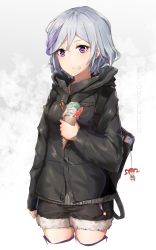 Rule 34 | 1girl, absurdres, arm at side, asymmetrical legwear, backpack, bag, bell, belt, black cola, black jacket, black shorts, blush, boots, buttons, cardigan, character name, closed mouth, contender (girls&#039; frontline), cropped legs, cz75 (girls&#039; frontline), food, food on face, fruit, fur-trimmed shorts, fur trim, girls&#039; frontline, gloves, grey hair, heart, heart-shaped pupils, highres, holding, holding food, hood, hoodie, ice cream, ice cream cone, ice cream on face, jacket, long sleeves, multicolored hair, parka, purple eyes, purple hair, red hair, red tank top, short hair, short shorts, shorts, sidelocks, simple background, smile, solo, strap, strawberry, streaked hair, stuffed toy, symbol-shaped pupils, tank top, thigh boots, thighhighs, twintails, uneven legwear, waffle, white footwear, zettai ryouiki