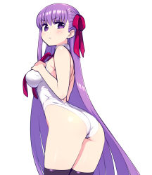 Rule 34 | arched back, ass, backless leotard, bb (fate), bb (fate/extra), black legwear, breast suppress, breasts, chan co, cowboy shot, fate/grand order, fate (series), from behind, hair ribbon, halterneck, hands on own chest, highleg, highleg leotard, large breasts, leaning forward, leotard, long hair, looking back, purple eyes, purple hair, ribbon, simple background, single sidelock, thighhighs, very long hair, white background