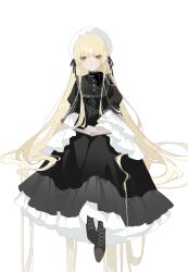 Rule 34 | 1girl, 7tkei, absurdres, black choker, black dress, black eyes, black footwear, blonde hair, book, book on lap, boots, bow choker, chinese commentary, choker, commentary request, cross-laced footwear, dress, expressionless, frilled dress, frilled hairband, frilled sleeves, frills, full body, gosick, gown, hair spread out, hairband, highres, invisible chair, juliet sleeves, layered dress, layered sleeves, long hair, long sleeves, looking at viewer, open book, puffy sleeves, simple background, sitting, solo, very long hair, victorica de blois, white background, white hairband, wide sleeves