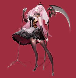 Rule 34 | absurdres, alternate costume, apron, black footwear, black gloves, breasts, cleavage, cleavage cutout, clothing cutout, elbow gloves, fingerless gloves, gloves, head tilt, high heels, highres, holding, holding microphone, holding scythe, hololive, hololive english, large breasts, long hair, looking at viewer, microphone, microphone stand, mori calliope, red background, red eyes, scythe, shishirui san, solo, thighhighs, tiara, veil, very long hair, virtual youtuber