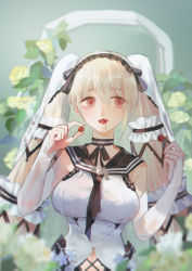 Rule 34 | 1girl, absurdres, azur lane, black choker, black neckwear, black sailor collar, blonde hair, bow, breasts, cherry, choker, clothing cutout, detached sleeves, dress, dress bow, feather dress, flower, food, formidable (azur lane), formidable (timeless classics) (azur lane), frilled hairband, frills, fruit, hair between eyes, hair ornament, hairband, highres, large breasts, long hair, looking to the side, navel cutout, official alternate costume, red eyes, rose, ryomiesaki, sailor collar, solo, twintails, two-tone dress, two-tone ribbon, veil, very long hair, white dress, white flower, white rose