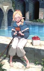 Rule 34 | 1girl, barefoot, blonde hair, blue capelet, blue sweater, blush, braid, braided ponytail, brown pants, canal, capelet, choker, collarbone, culottes, dungeon meshi, elf, feet, flat chest, food, forehead, full body, green eyes, hair ribbon, highres, holding, holding food, hood, hood down, hooded capelet, jar, knees together feet apart, long hair, marcille donato, meat, on wall, pants, pointy ears, red choker, red ribbon, ribbon, ribs (food), seuhyo99, sitting, sitting on wall, solo, staff, sweatdrop, sweater, toes, white pants