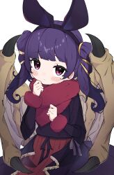 Rule 34 | 1girl, absurdres, alternate costume, animal ears, bat ears, black coat, black hairband, black ribbon, blunt bangs, bow, closed mouth, coat, dragon girl, dragon wings, dress, fake animal ears, fire emblem, fire emblem: the sacred stones, fire emblem heroes, from above, fur-trimmed coat, fur-trimmed sleeves, fur trim, gold trim, green wings, hair ornament, hair ribbon, hair tie, hairband, hand to own mouth, hands up, highres, long coat, long hair, long sleeves, looking at viewer, multi-tied hair, myrrh (fire emblem), nintendo, official alternate costume, onakasuita xx, pale skin, puffy long sleeves, puffy sleeves, purple hair, rabbit ears, red dress, red eyes, ribbon, solo, standing, twintails, upper body, white background, wings, wrist cuffs, yellow wings