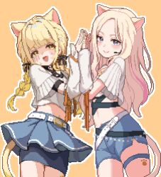 2girls animal_ears artist_collaboration belt belt_collar black_belt black_ribbon blonde_hair blue_shorts blue_skirt blush bow braid cat_ears cat_tail closed_mouth collar cowboy_shot cropped_shirt fake_animal_ears fake_tail footprints fujita_kotone furrowed_brow gakuen_idolmaster hair_bow hair_ornament hair_ribbon hair_tie hairclip hands_up haniwa_(watm9mlz3vv3qep) headset high_five highres idolmaster juo_sena long_hair looking_at_viewer midriff multicolored_hair multiple_girls navel open_mouth orange_background parted_bangs pencil_skirt pink_hair pixel_art pleated_skirt purple_eyes ribbon shaded_face shiro_wa_(shiroshironix) shirt short_sleeves shorts simple_background skirt smile standing streaked_hair sweatdrop tail thigh_strap twin_braids white_arm_warmers white_belt white_shirt yellow_eyes