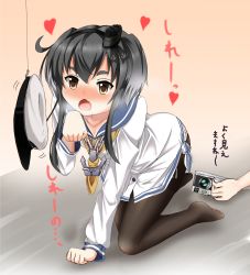 Rule 34 | 10s, 2girls, absurdres, all fours, anchor, aoba (kancolle), black hair, blush, breath, brown eyes, camera, chain, commentary request, dress, eyebrows, fishing hook, fishing line, hairband, headgear, heart, heart-shaped pupils, highres, hook, kantai collection, long sleeves, lowleg, lowleg pantyhose, multicolored hair, multiple girls, open mouth, out of frame, pantyhose, paw pose, rivu penguin, sailor dress, school uniform, seamed legwear, serafuku, shirt, short eyebrows, short hair, short hair with long locks, side-seamed legwear, solo focus, steam, symbol-shaped pupils, thighhighs, tied shirt, tokitsukaze (kancolle), translation request, white hair